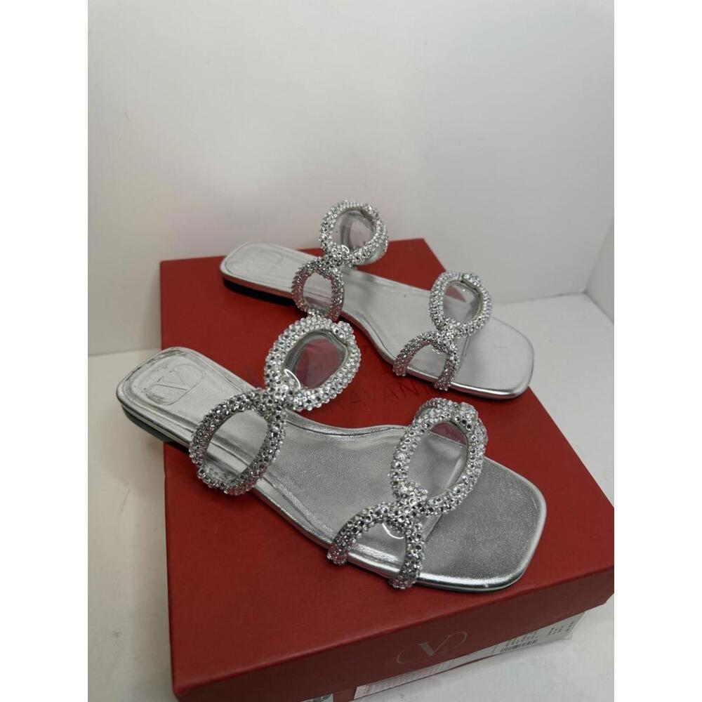 Valentino Garavani Women's 1967 Crystal Silver Leather Flat Sandals Size 6 US